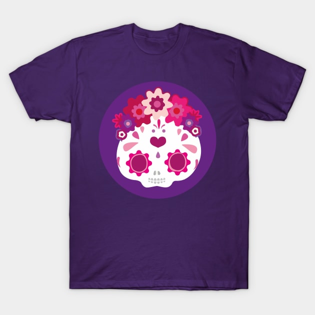 Kawaii mexican sugar skull adorable pink flower headband cute purple day of the dead T-Shirt by T-Mex